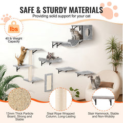 Wall Mounted Cat Shelves, Cat Wall Shelves and Perches with Jumping Boards, Hammock, Sofa, Cat Tree & Cat Grip, Cat Furniture and Shelves up to 40 lbs for Sleeping, Playing, Climbing, Set of 6