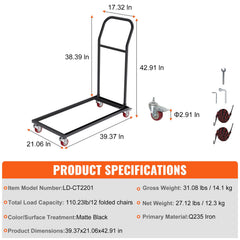 Folding Chair Dolly, Iron Commercial Cart with 12 Chairs Capacity, Folding Chairs Rack Trolley with 4 Casters, Storage Transport Dolly for Flat Stacking Plastic Resin and Wood Chairs, Black