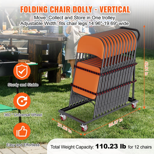 Folding Chair Dolly, Iron Commercial Cart with 12 Chairs Capacity, Folding Chairs Rack Trolley with 4 Casters, Storage Transport Dolly for Flat Stacking Plastic Resin and Wood Chairs, Black