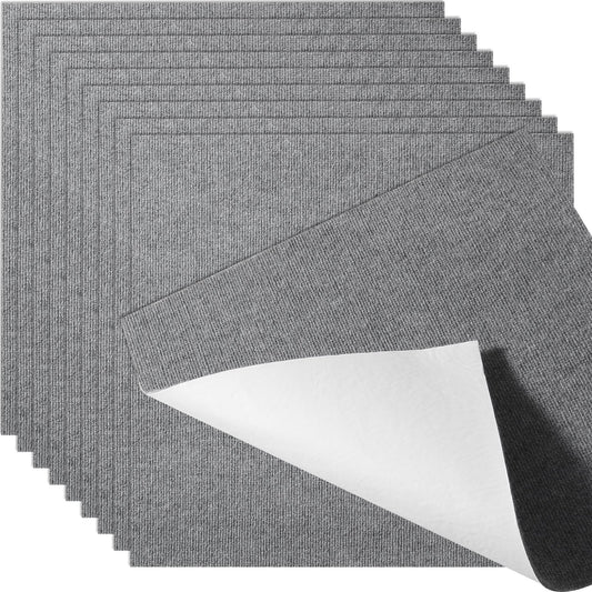 Carpet Tiles Peel and Stick, Squares Self Adhesive Carpet Floor Tile, Soft Padded Carpet Tiles, Easy Install DIY for Bedroom Living Room Indoor Outdoor (9Tiles, Light Gray)