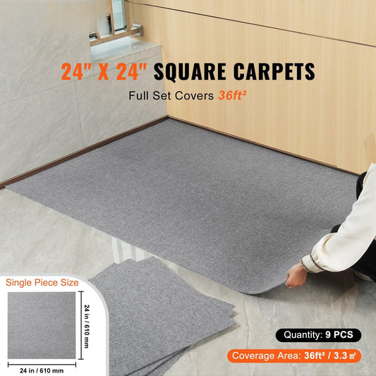 Carpet Tiles Peel and Stick, Squares Self Adhesive Carpet Floor Tile, Soft Padded Carpet Tiles, Easy Install DIY for Bedroom Living Room Indoor Outdoor (9Tiles, Light Gray)