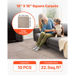 Carpet Tiles 457x457 mm, 10 Pack Carpet Square Rug Detachable & Damage-free, Self Adhesive Home Floor Soft Plush Padded for 2.1㎡ Coverage, Easy DIY for Living Room & Bedroom, Light Brown