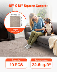 Carpet Tiles 457x457 mm, 10 Pack Carpet Square Rug Detachable & Damage-free, Self Adhesive Home Floor Soft Plush Padded for 2.1㎡ Coverage, Easy DIY for Living Room & Bedroom, Light Brown