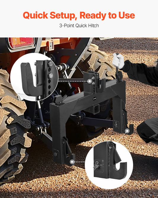 3-Point Quick Hitch with 2 in Receiver, 3000 Lbs Lift Capacity, 3-Pt Hitch with 5 Level Adjustable Bolt, Adaptation to Category 1 & 2 Tractor, Heavy Duty 3 Point Attachments, Black