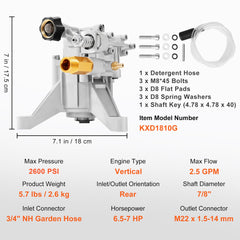 Pressure Washer Pump, 22 mm Shaft Vertical, 3400 PSI, 2.5 GPM, Replacement Power Washer Pumps Kit, Parts Washer Pump, Compatible with Honda, Simpson, RYOBI, Briggs & Stratton, Subaru, Craftsman