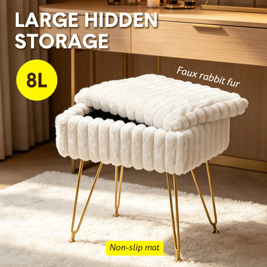 Vanity Stool Chair with Hidden Storage for Dresser Makeup Soft Faux Fur Flip Top Ottoman Foot Rest with 360 Adjustable Feet for Bedroom Living Room White