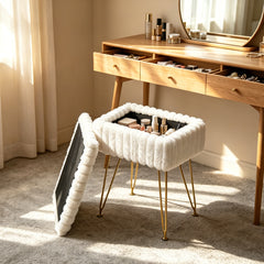 Vanity Stool Chair with Hidden Storage for Dresser Makeup Soft Faux Fur Flip Top Ottoman Foot Rest with 360 Adjustable Feet for Bedroom Living Room White