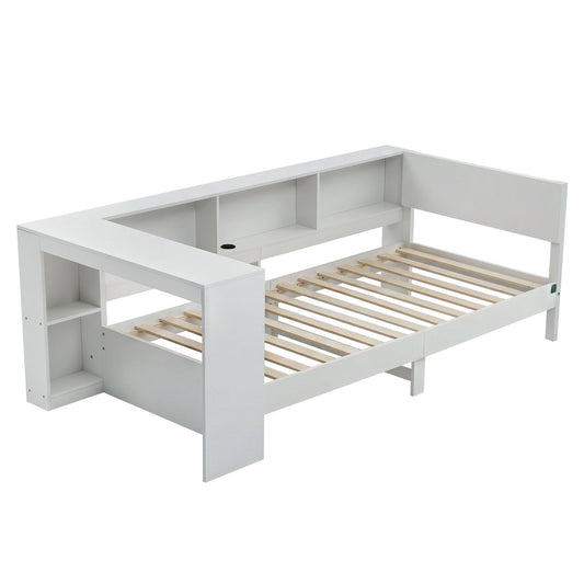 Artiss White Single Solid Wood Corner Platform Bed Frame with Built-in Desk, Storage Shelves and USB-C Charging Station for Small Spaces, Wooden Bed Base for Guest Room