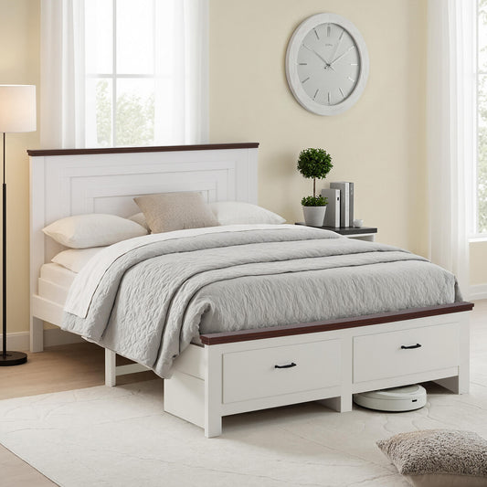 Artiss Double Wooden Bed Frame with 2 Drawer Platform Bed with 108cm Solid High Headboard White Bed Base for Bedroom Easy Assembly