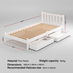 Artiss Bed Frame Single Size Wooden Platform with 2 Storage Drawers White SOFIE