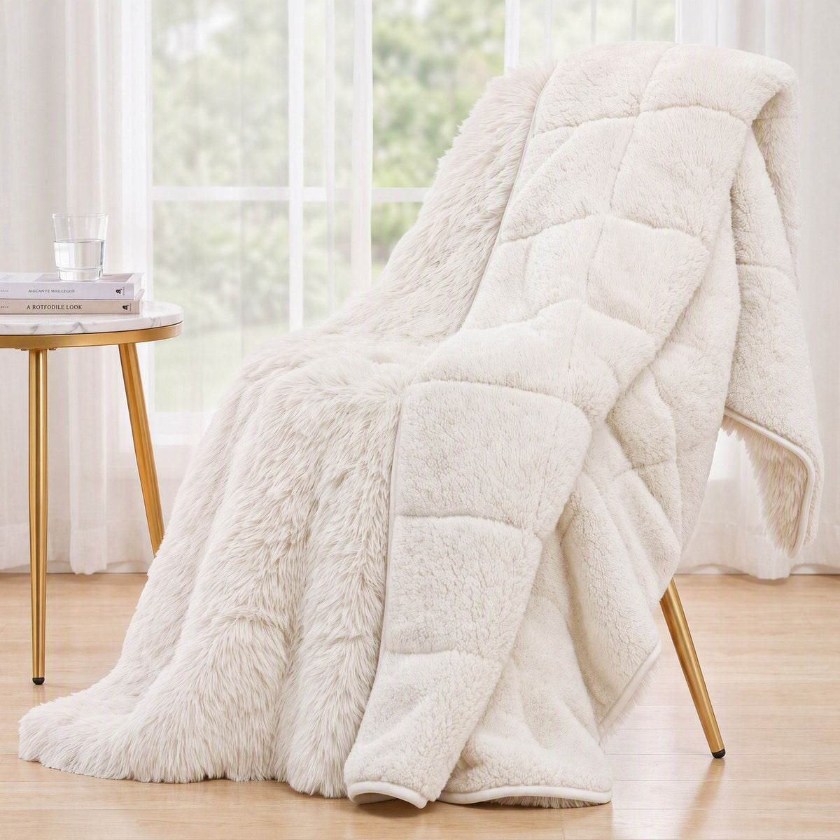 Giselle Faux Fur Weighted Blanket 2 Sided Long Pile Sherpa Reverse Cream 9KG 152 x 203cm