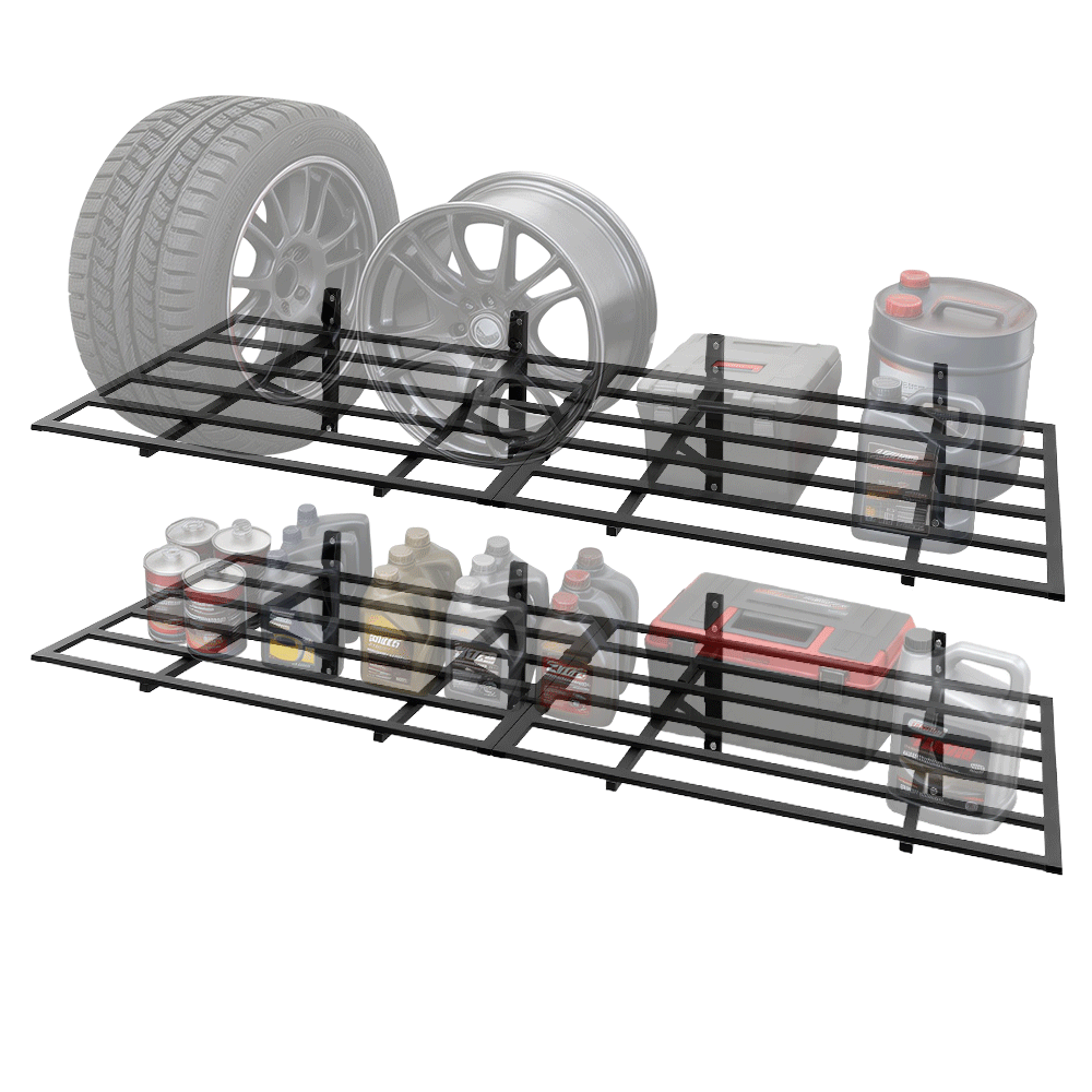4 Pack 90x60cm Floating Wall Shelving Heavy Duty 2-Tier Wall Mounted Steel Shelf Storage for Garage Tools Tyres Garden Supplies Bins 700kg Total Capacity