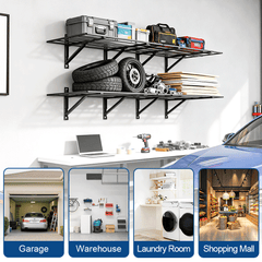 4 Pack 90x60cm Floating Wall Shelving Heavy Duty 2-Tier Wall Mounted Steel Shelf Storage for Garage Tools Tyres Garden Supplies Bins 700kg Total Capacity