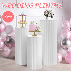 3Pcs Wedding Plinth Ripple Metal Cylinder Pedestal Round Pillars Decoration Table for Party Birthday Wedding Décor Cake Flower Display 60/75/90cm White