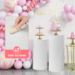 3Pcs Wedding Plinth Ripple Metal Cylinder Pedestal Round Pillars Decoration Table for Party Birthday Wedding Décor Cake Flower Display 60/75/90cm White