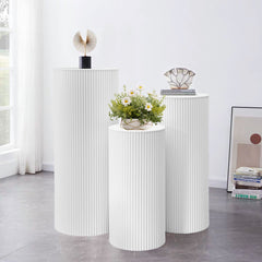 3Pcs Wedding Plinth Ripple Metal Cylinder Pedestal Round Pillars Decoration Table for Party Birthday Wedding Décor Cake Flower Display 60/75/90cm White