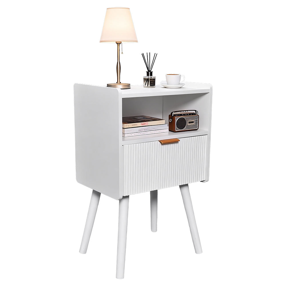 White Nightstand Modern Solid Wooden Open Shelf Bedside Table with One Storage Drawer and Solid Legs for Living Room Bedroom Apartment Easy Assembly