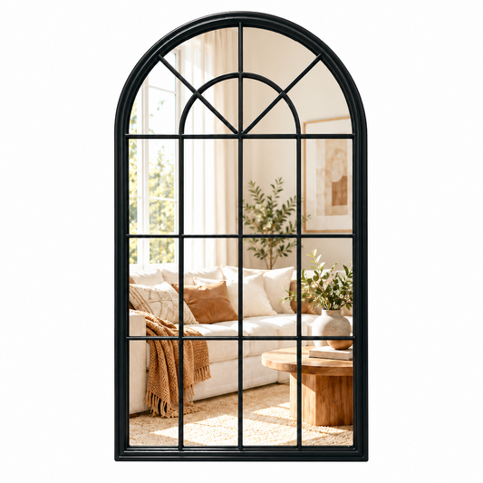 Arched Window Mirror Window Pane Mirror with Black Metal Frame for Living Room Hallways Entryways Foyers Farmhouse Rustic Vintage Wall Decor 70W x 130H cm