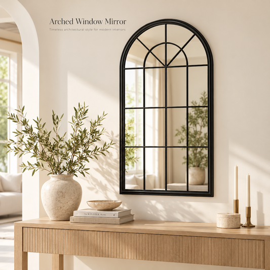 Arched Window Mirror Window Pane Mirror with Black Metal Frame for Living Room Hallways Entryways Foyers Farmhouse Rustic Vintage Wall Decor 70W x 130H cm