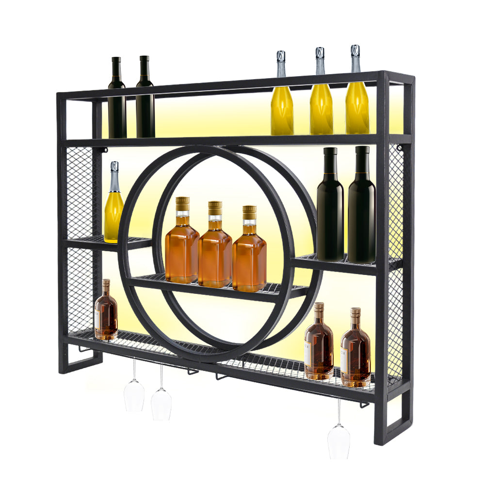 3-Tier Industrial Wall Mounted Wine Rack Metal Liquor Bottle Display Shelves with LED and Wine Glass Holder for Kitchen Dining Room Bar 100x15x80cm Black