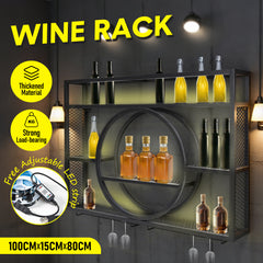 3-Tier Industrial Wall Mounted Wine Rack Metal Liquor Bottle Display Shelves with LED and Wine Glass Holder for Kitchen Dining Room Bar 100x15x80cm Black
