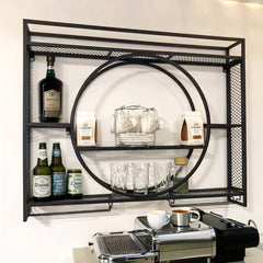 3-Tier Industrial Wall Mounted Wine Rack Metal Liquor Bottle Display Shelves with LED and Wine Glass Holder for Kitchen Dining Room Bar 100x15x80cm Black