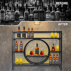 3-Tier Industrial Wall Mounted Wine Rack Metal Liquor Bottle Display Shelves with LED and Wine Glass Holder for Kitchen Dining Room Bar 100x15x80cm Black