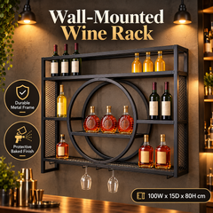 3-Tier Wall Mounted Wine Rack Metal Liquor Bottle Display Storage Shelf with Goblet Holder for Home Bars Dining Room Wine Cellar Kitchen 100x80x15cm Black