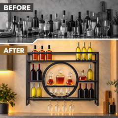 3-Tier Wall Mounted Wine Rack Metal Liquor Bottle Display Storage Shelf with Goblet Holder for Home Bars Dining Room Wine Cellar Kitchen 100x80x15cm Black