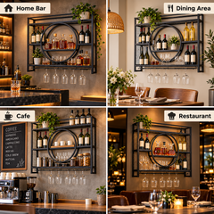 3-Tier Wall Mounted Wine Rack Metal Liquor Bottle Display Storage Shelf with Goblet Holder for Home Bars Dining Room Wine Cellar Kitchen 100x80x15cm Black