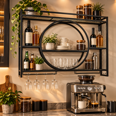 3-Tier Wall Mounted Wine Rack Metal Liquor Bottle Display Storage Shelf with Goblet Holder for Home Bars Dining Room Wine Cellar Kitchen 100x80x15cm Black