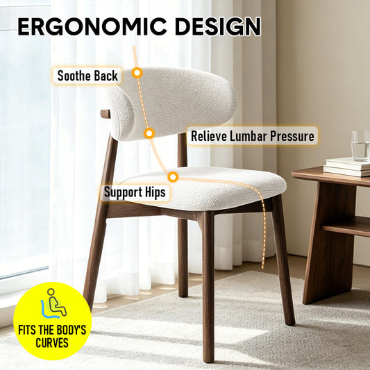 Set of 2 Dining Chairs Fabric Upholstered Dining Room Chairs with Wooden Legs Curved Backrest and Soft Seat for Kitchen Living Room Cafe Max Load 100kg
