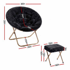 Artiss Comfy Saucer Chair Soft Faux Fur Foldable Accent Chair with Ottoman Black