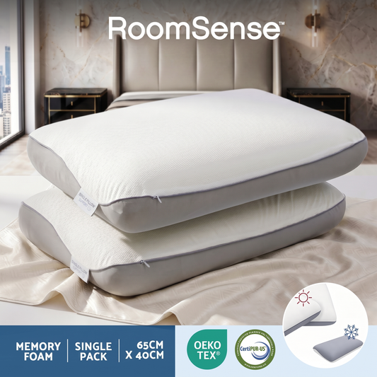 RoomSense Cooling Memory Foam Pillows Queen Size 1 Pack, Dual-Sided Bed Pillows for Hot Sleepers, 55D Solid Core Side Sleeper Pillow for Neck Support, Washable, 65x40x14cm