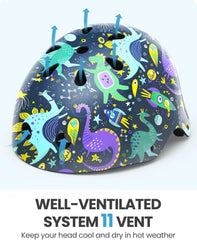 OutdoorMaster Youth & Kids Bike Helmet - Adjustable Multi-Sports Skateboard Helmet with Removable Liners for Balance Bike, Kids Scooter, One Wheel Hoverboard,Graffiti-style helmet-Dinoverse Madness-Large