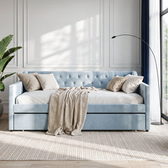 Artiss King Single Buttonless Tufted Daybed with Pull-Out Trundle, Light Blue
