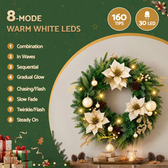 Jingle Jollys 60cm Pre-Lit Christmas Wreath LED Garlands Gold Flowers Pinecones Decor