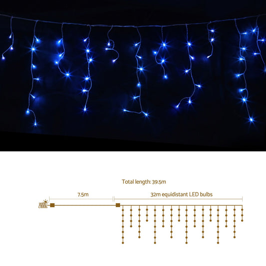Jingle Jollys 32M Christmas Lights Solar Icicle String Lights 960 LED Blue