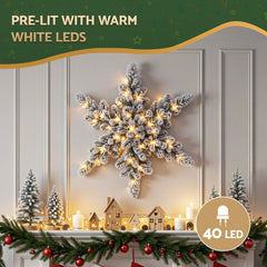 Jingle Jollys 60cm Flocked Snowflake Christmas Wreath Garland Pre-Lit 40 LED Light Decor