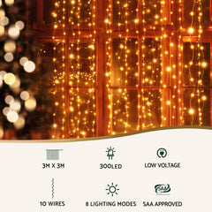 Jingle Jollys 3X3M Christmas Lights Curtain String Light 300 LED Warm White