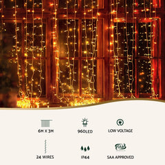 Jingle Jollys 6x3m Christmas Curtain Lights 960 LED RGB Remote Hanging Fairy Backdrop