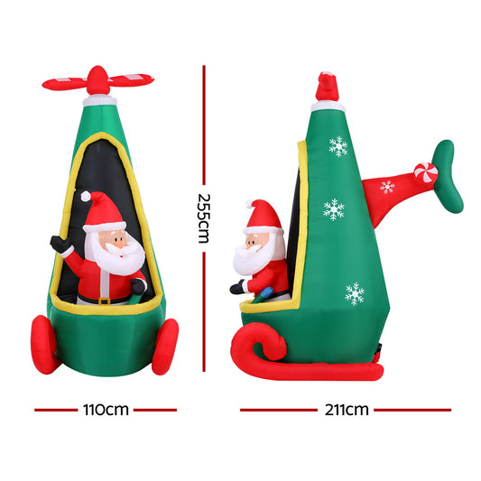 Jingle Jollys Christmas Inflatable Santa in Helicopter 2.55M Height LED Illuminated Decorations