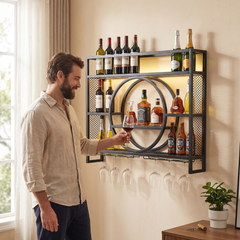 3-Tier Industrial Wall Mounted Wine Rack Metal Liquor Bottle Display Shelves with LED and Wine Glass Holder Kitchen Dining Room Bar 100x15x80cm Black