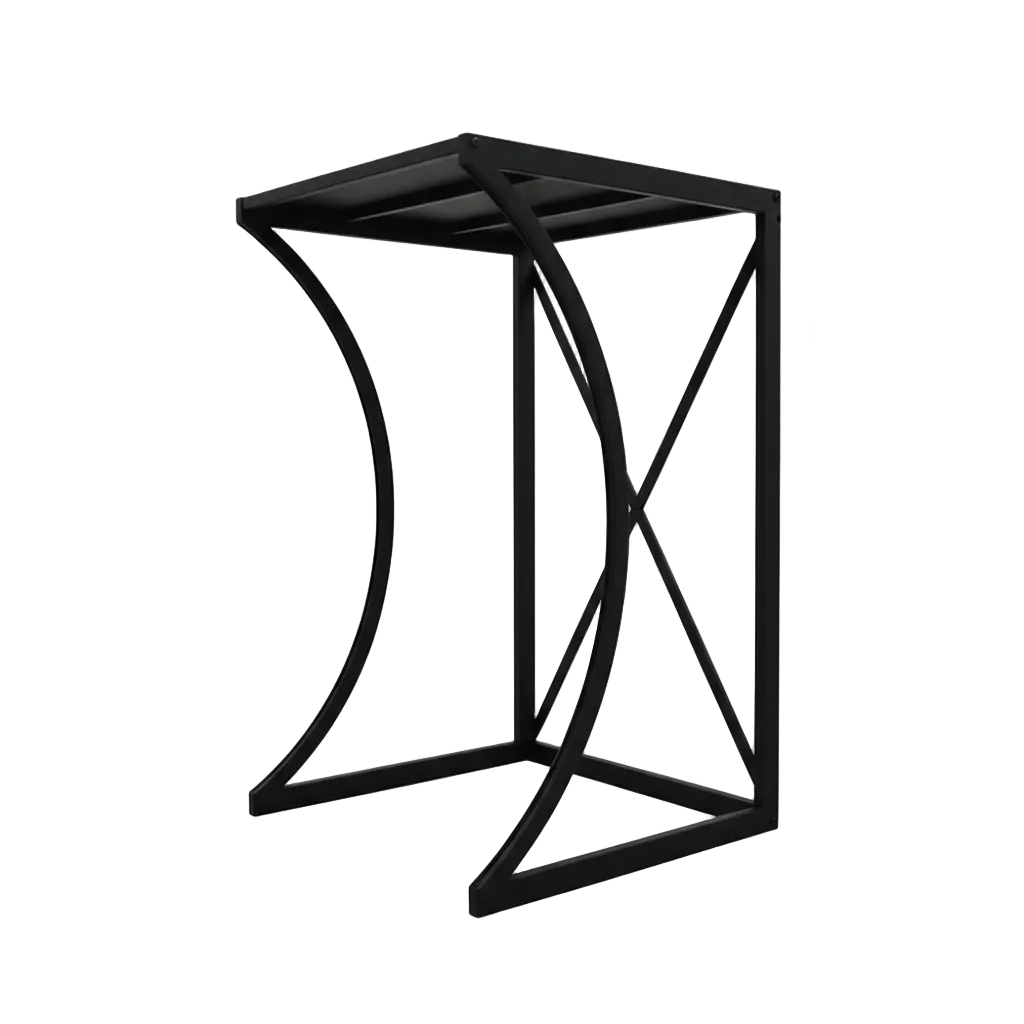 Black metal side table with dimensions on a white background