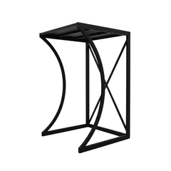 Black metal side table with dimensions on a white background