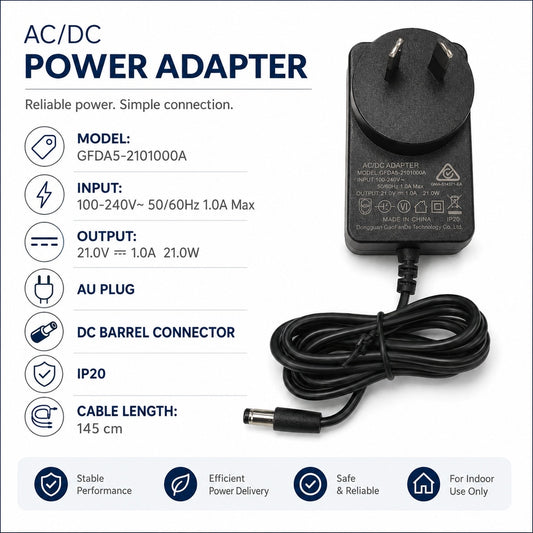 21V 1A AC DC Power Adapter 21W AU Plug Power Supply with DC Barrel Connector 145cm Cable for Compatible Electronic Devices Black