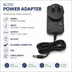 21V 1A AC DC Power Adapter 21W AU Plug Power Supply with DC Barrel Connector 145cm Cable for Compatible Electronic Devices Black