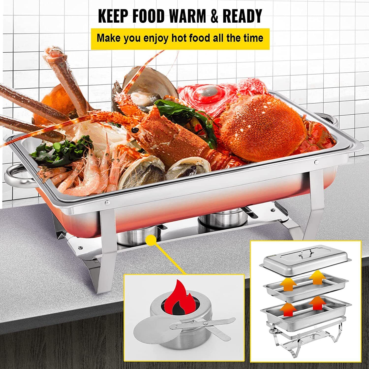 Alston 9Lx1 Food Buffet Warmer Pan Bain Marie Bow Chafing Dish Insulated Stainless Steel Stackable Tray Catering Food Server Set with Lid Party Banquet Dining