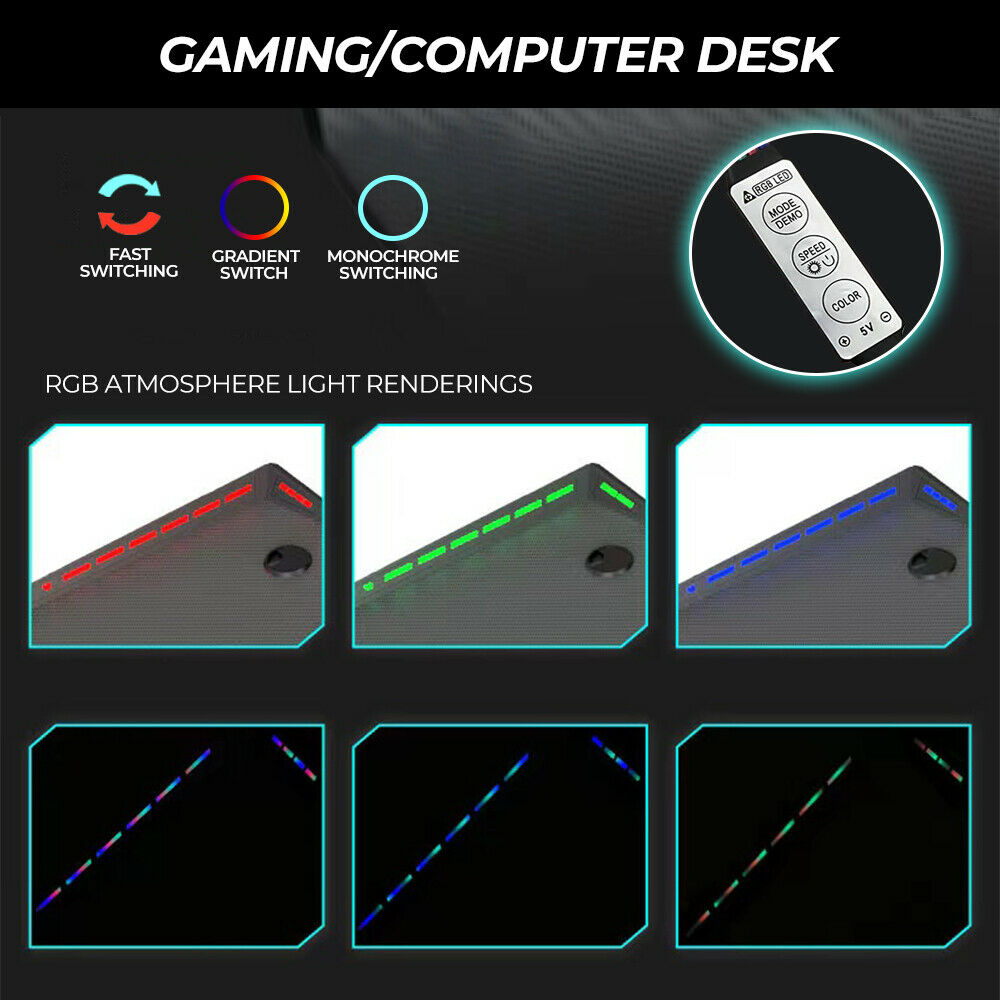 Alston 120cm Large Gaming Desk LED RGB Computer Desk Z Model Racer Carbon Fibre Surface Table Workstation Max Load 175KG with Cup Holder and Headphone Holder