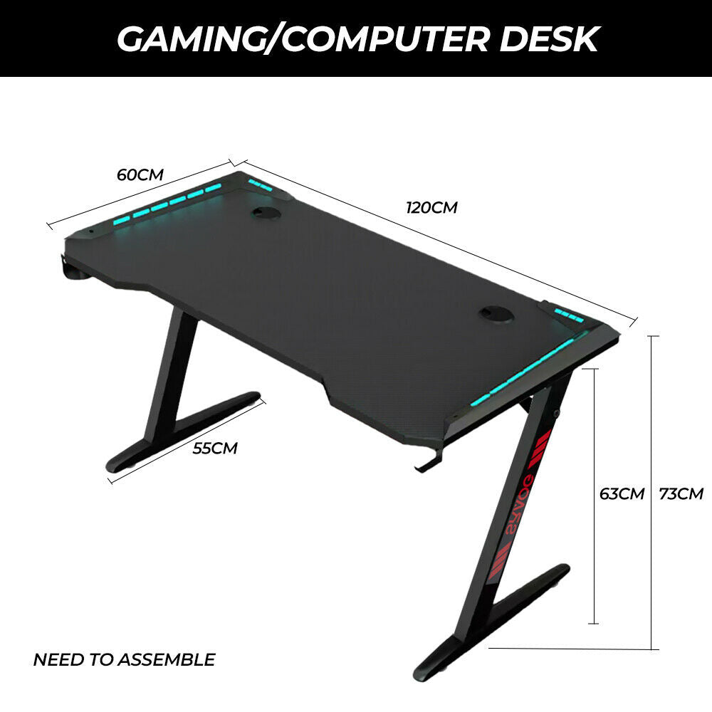 Alston 120cm Large Gaming Desk LED RGB Computer Desk Z Model Racer Carbon Fibre Surface Table Workstation Max Load 175KG with Cup Holder and Headphone Holder